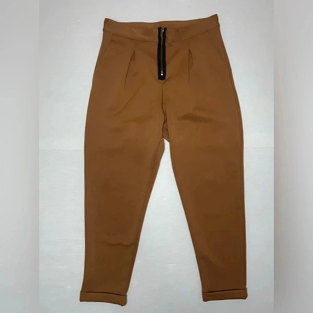 3 FOR $15 Drifter Caramel Brown Pleated Front Exposed Zipper Ankle Pant SZ 5 Med